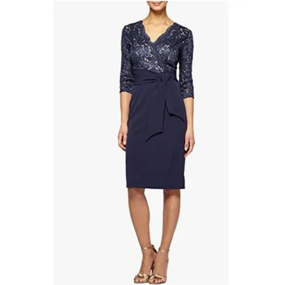 Petite Women's Alex Evenings Tie Waist Lace Sheath Dress, Size 6p
